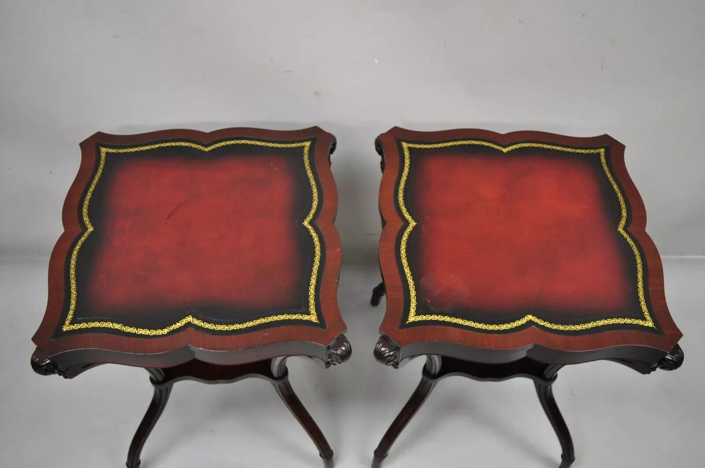 Vintage French Regency Style Red Leather Top Mahogany Lamp End Tables - a Pair