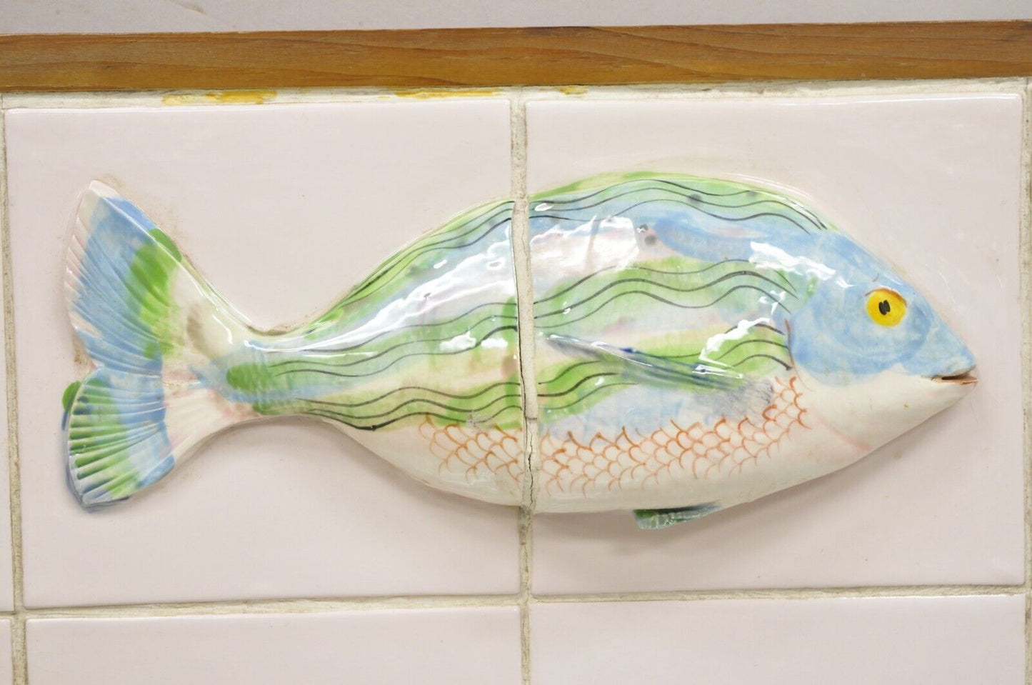 Vintage Mid Century Modern Glazed Ceramic Tile Framed Blue Green Fish Wall Art