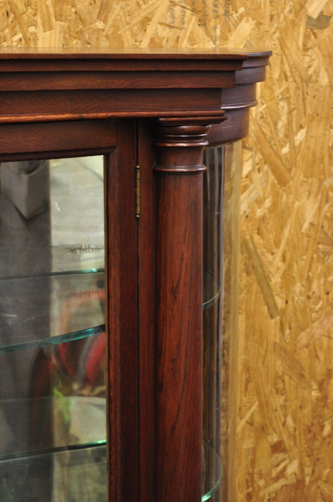 Antique American Empire Victorian Oak Wood Bowed Glass China Cabinet Curio