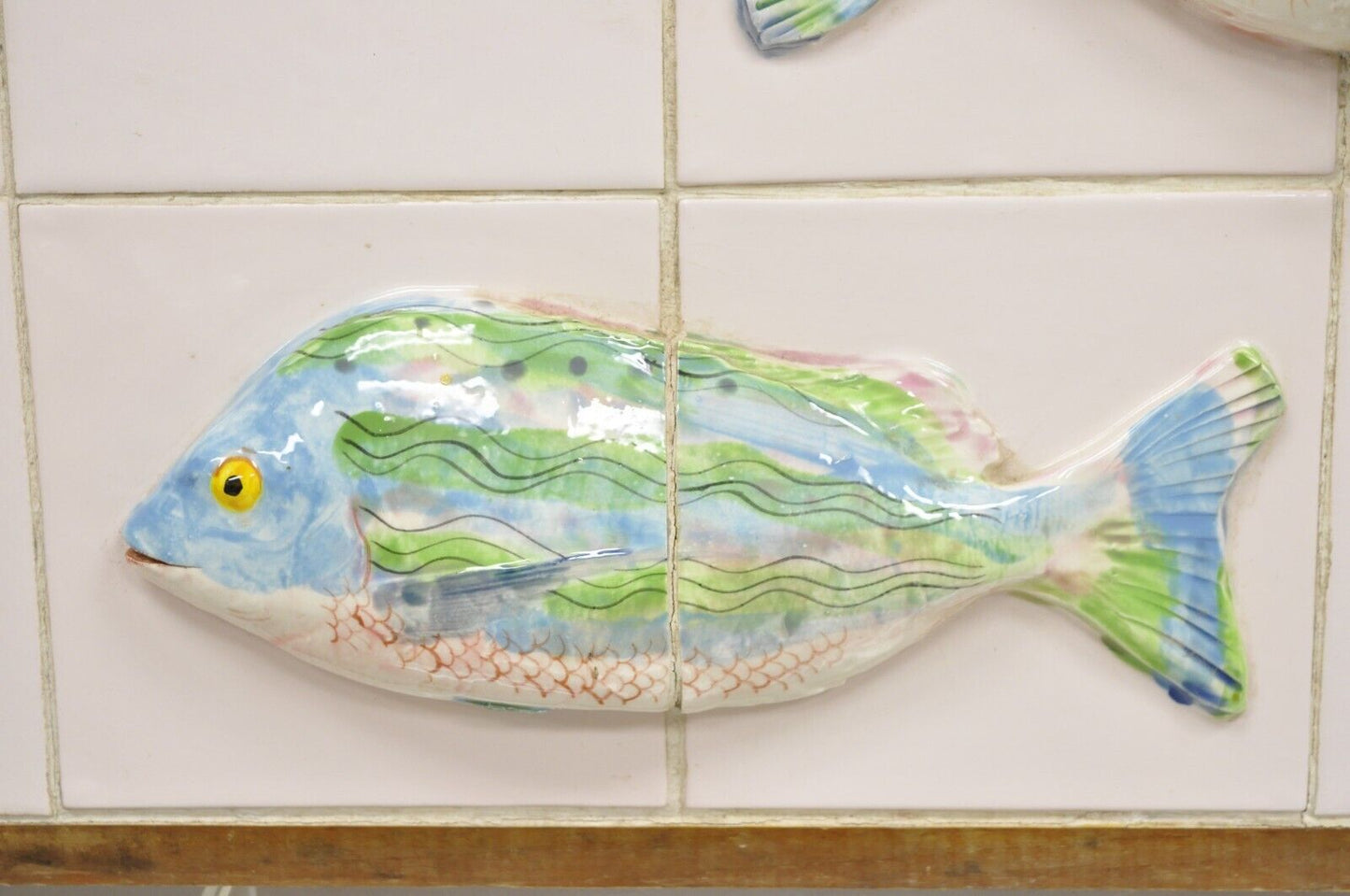 Vintage Mid Century Modern Glazed Ceramic Tile Framed Blue Green Fish Wall Art