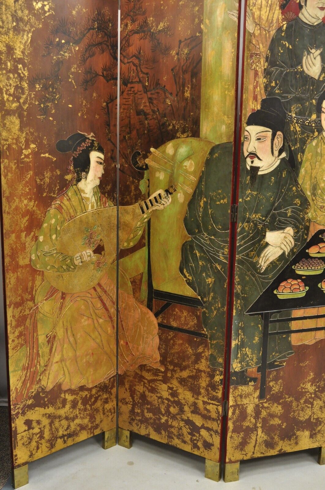 Large Chinoiserie Chinese 6 Panel Figural Red Folding Screen Room Divider