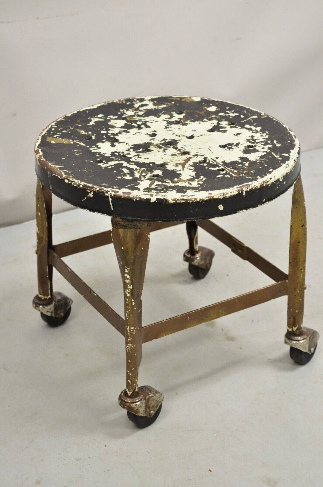 Antique American Industrial Distressed Painted Steel Metal Rolling Low Stool