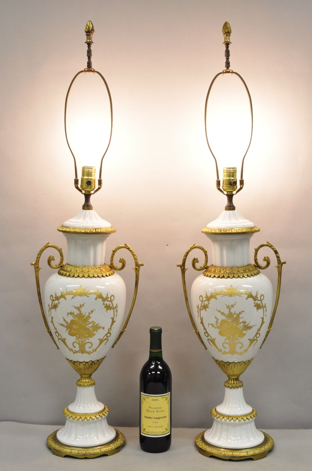 Antique French Louis XV Hand-Painted Porcelain Urn Bronze Table Lamps - a Pair
