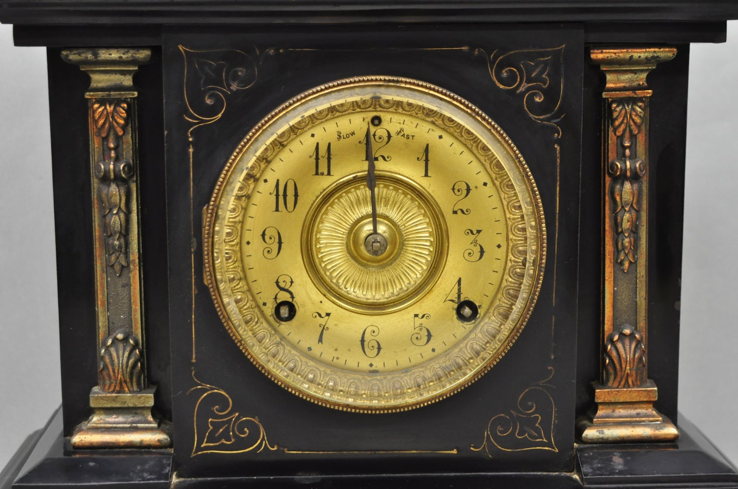 Antique Ansonia Black Mantel Clock with Bronze Coated Columns and Claw Feet