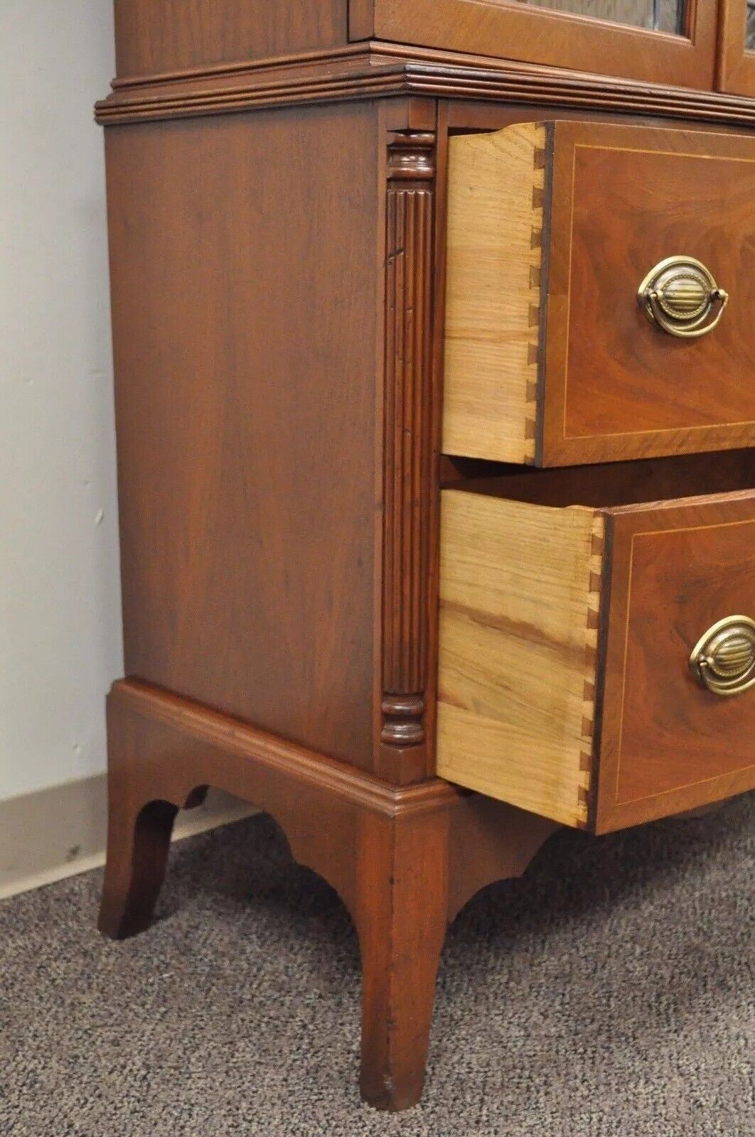Antique Federal Style Mahogany China Display Cabinet with Stained Glass Doors