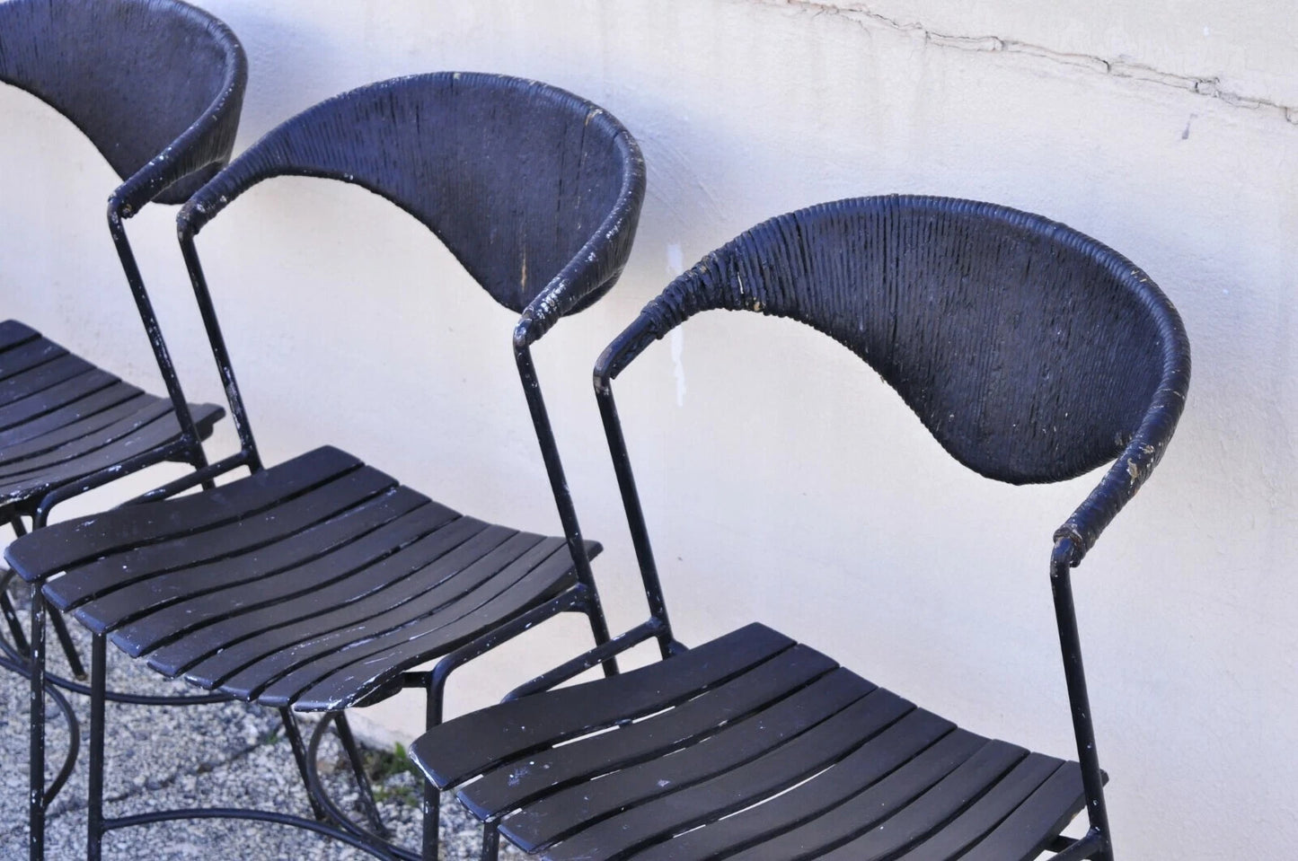 Arthur Umanoff Mid Century Modern Rattan Wrought Iron Dining Chairs - Set of 4
