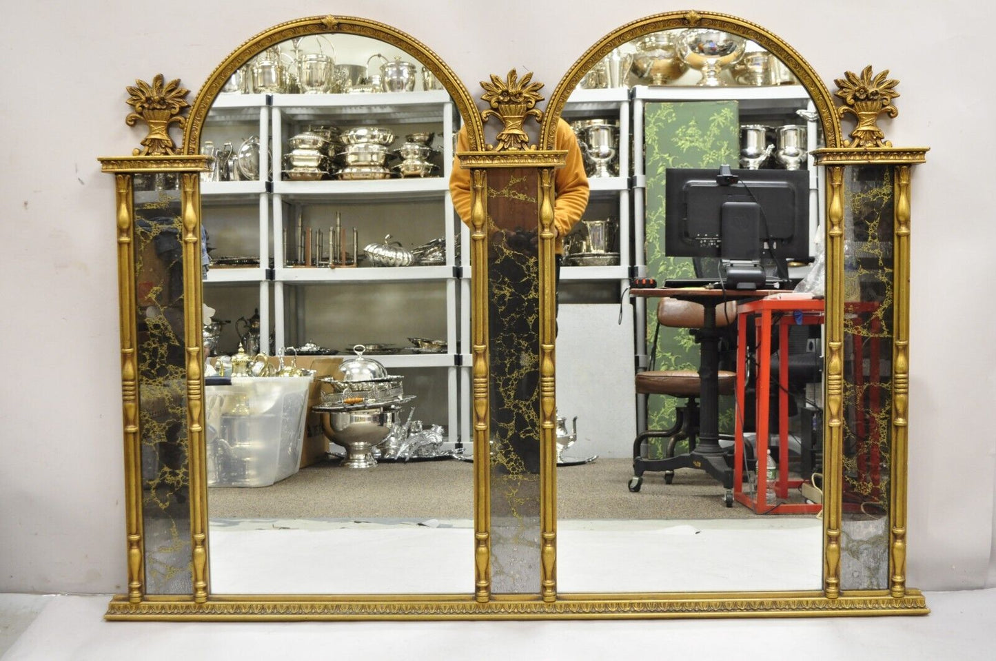 Vintage Italian Hollywood Regency Double Arch Gold Large Trumeau Wall Mirror