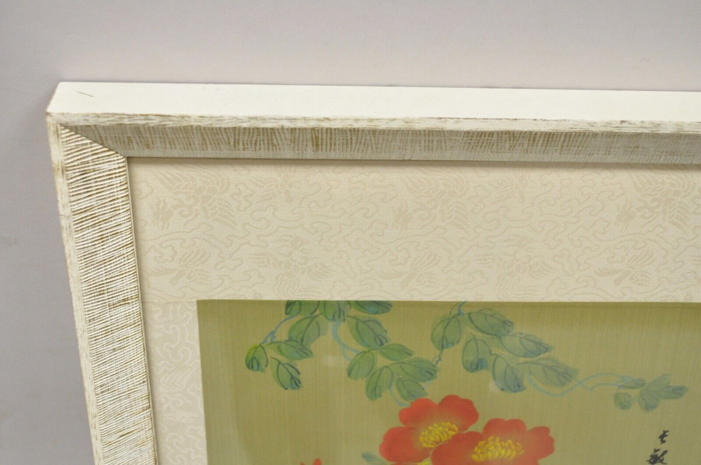 Vintage Chinese Watercolor Silkscreen Framed Painting of Cats and Flowers