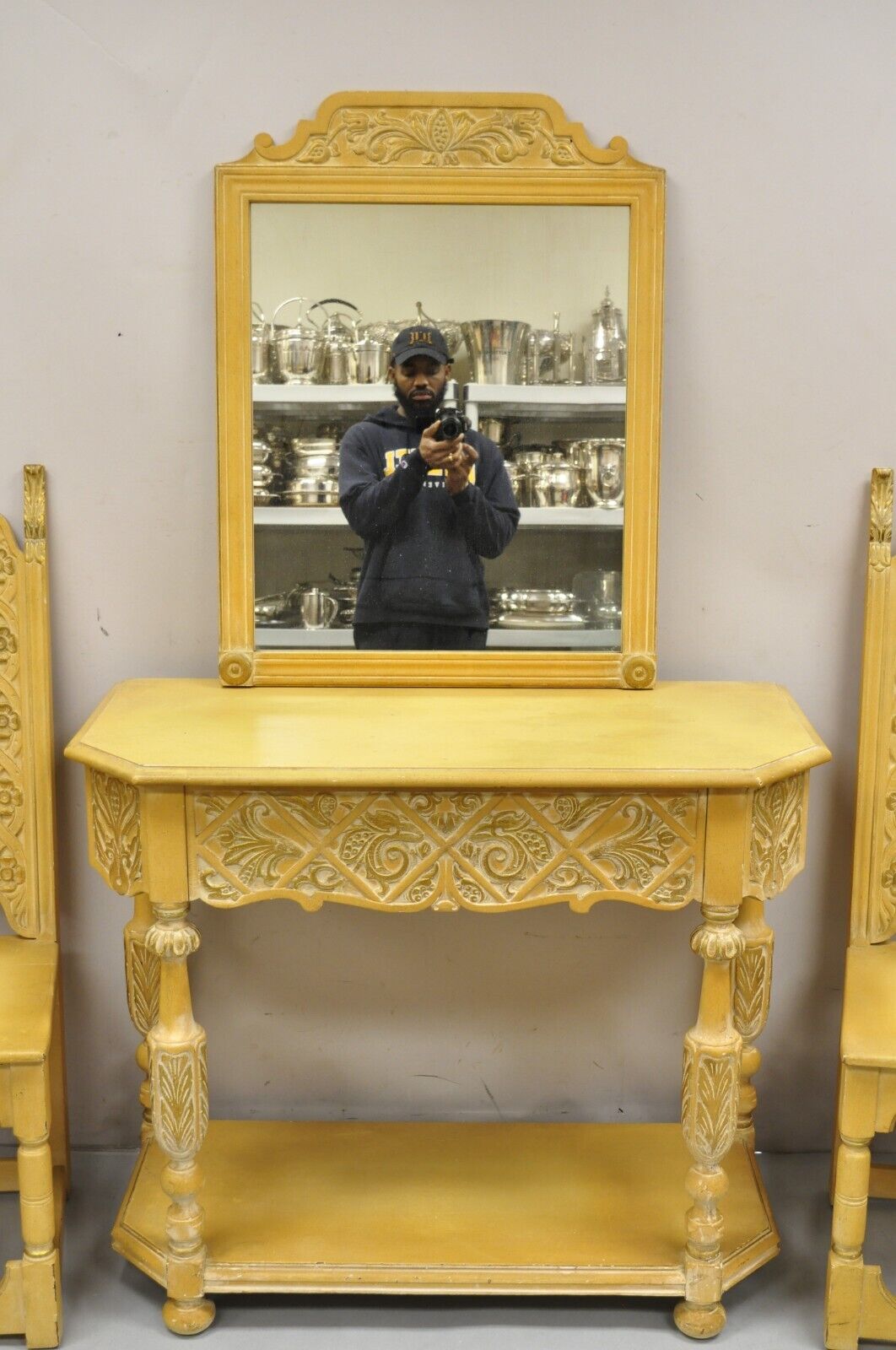 Gothic Renaissance Revival Painted Hall Altar Console Table Chair Set - 4 Pc Set