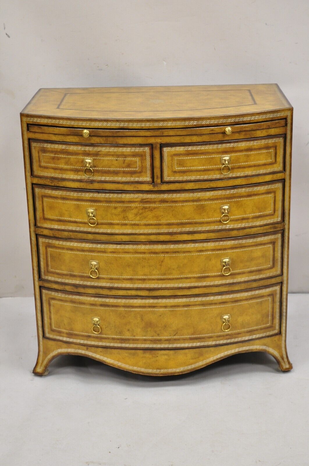 Maitland Smith English Georgian Leather Wrapped Bow Front Chest of Drawers