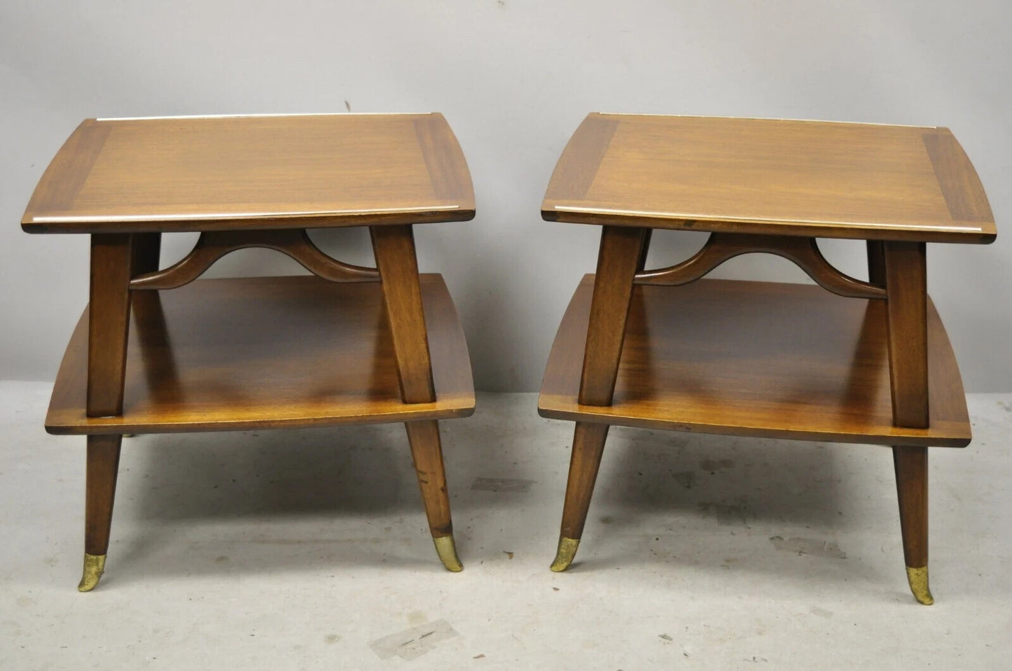 Vintage Mid Century Modern Sculpted Walnut 2 Tier End Tables w Brass Feet - Pair
