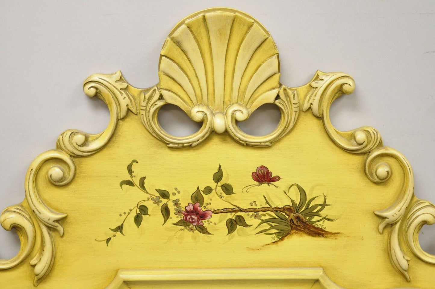 Vintage Yellow Chinoiserie Shell Carved Wall Mirror by Union National
