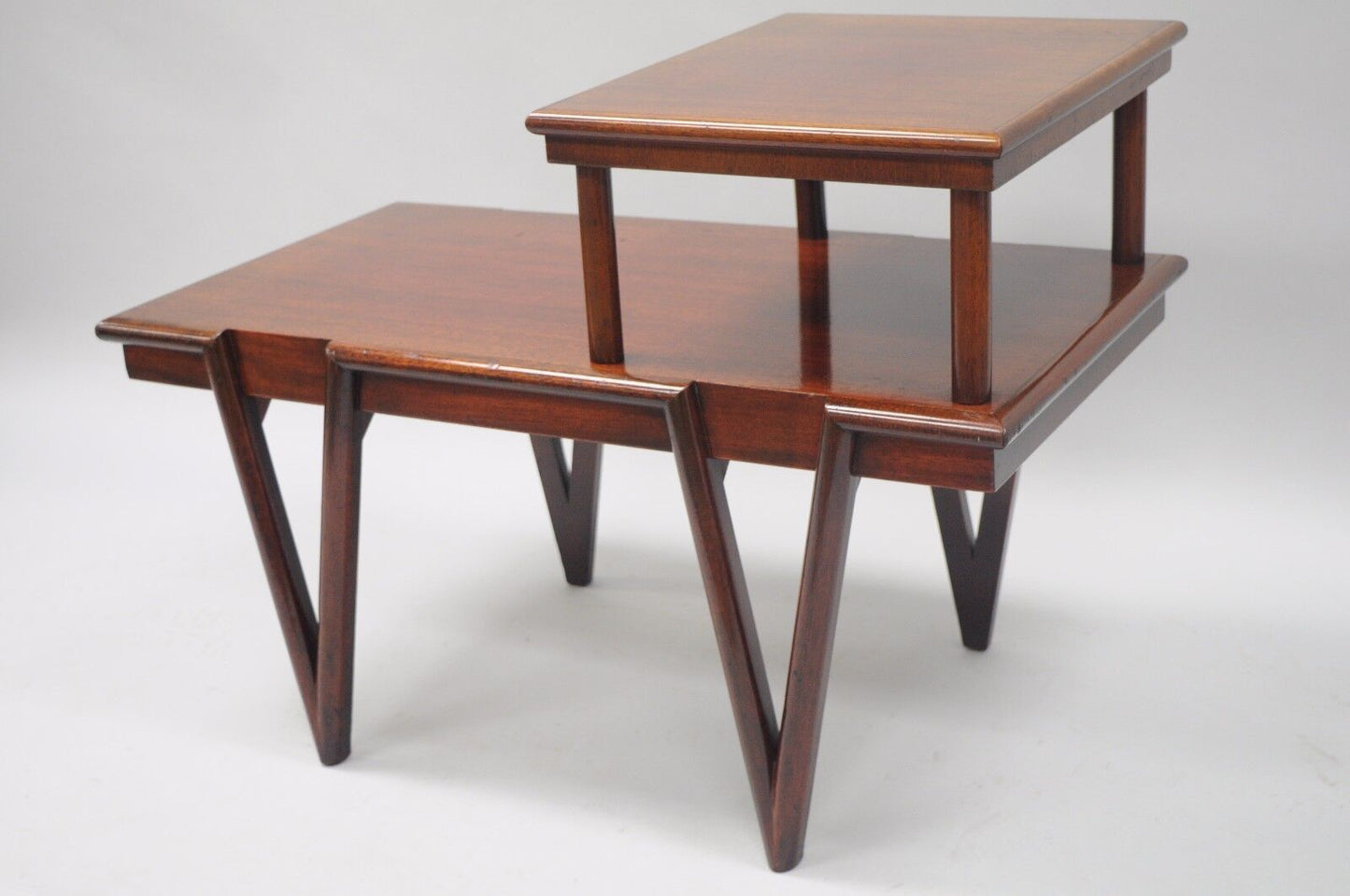 Mid Century Modern V-Leg T.H. Robsjohn Gibbings Style Mahogany Step Side Table