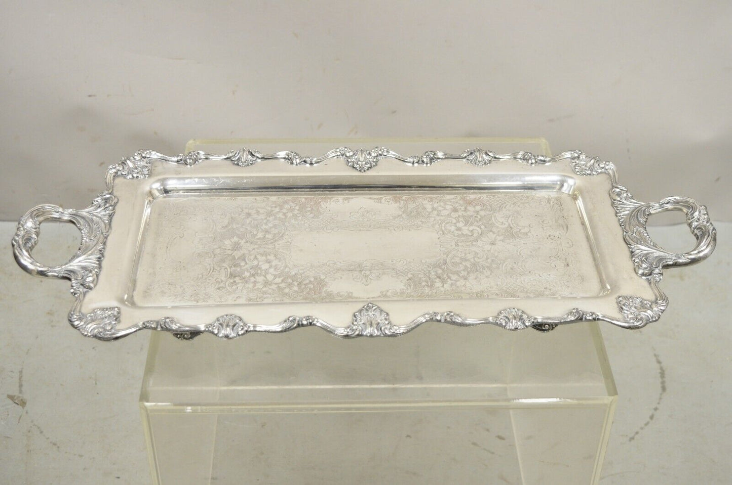 Vintage English Victorian Narrow Silver Plate Twin Handle Serving Platter Tray