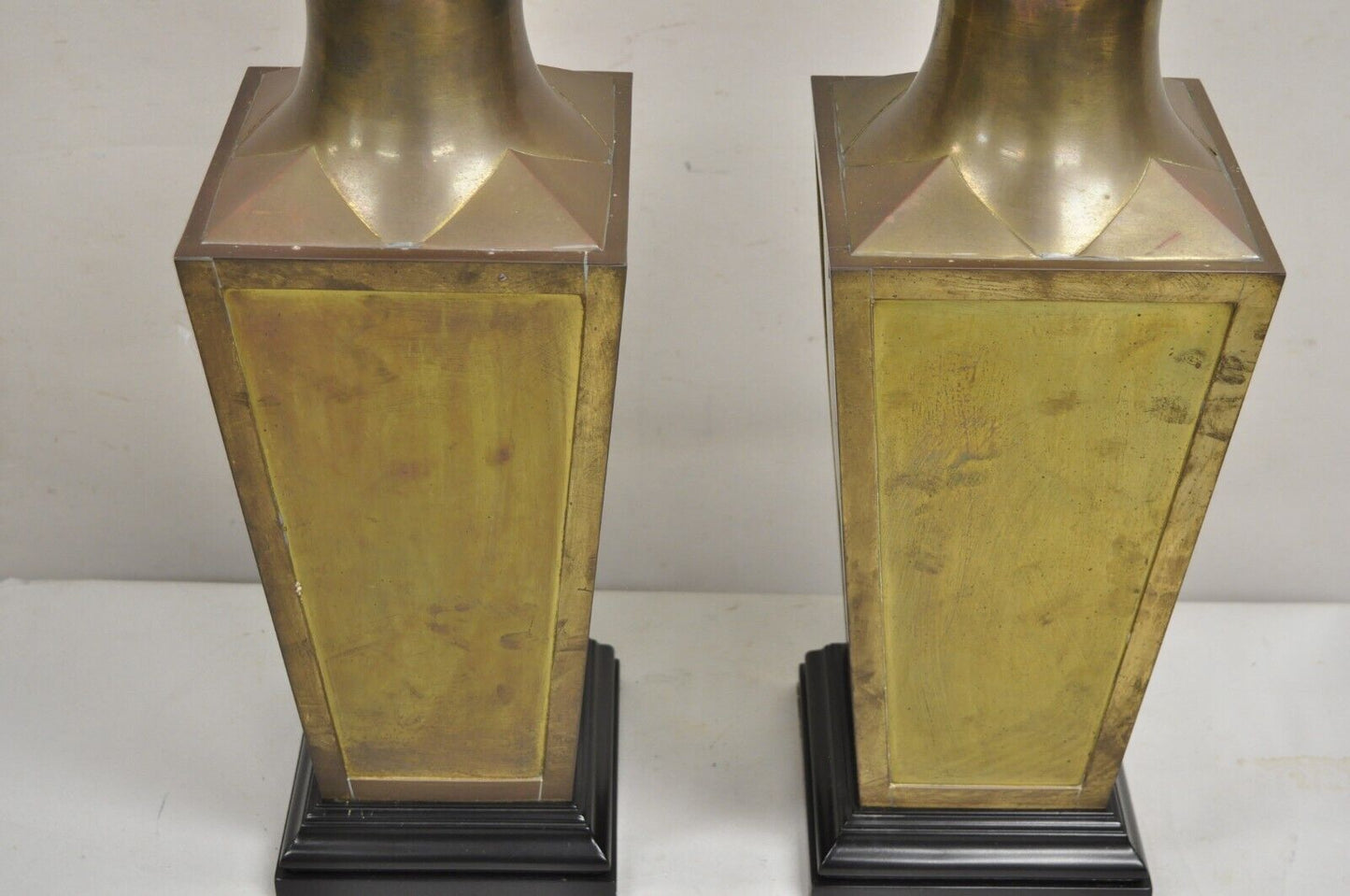 Chinoiserie Patinated Brass Square Jardiniere Table Lamp by Wildwood - a Pair