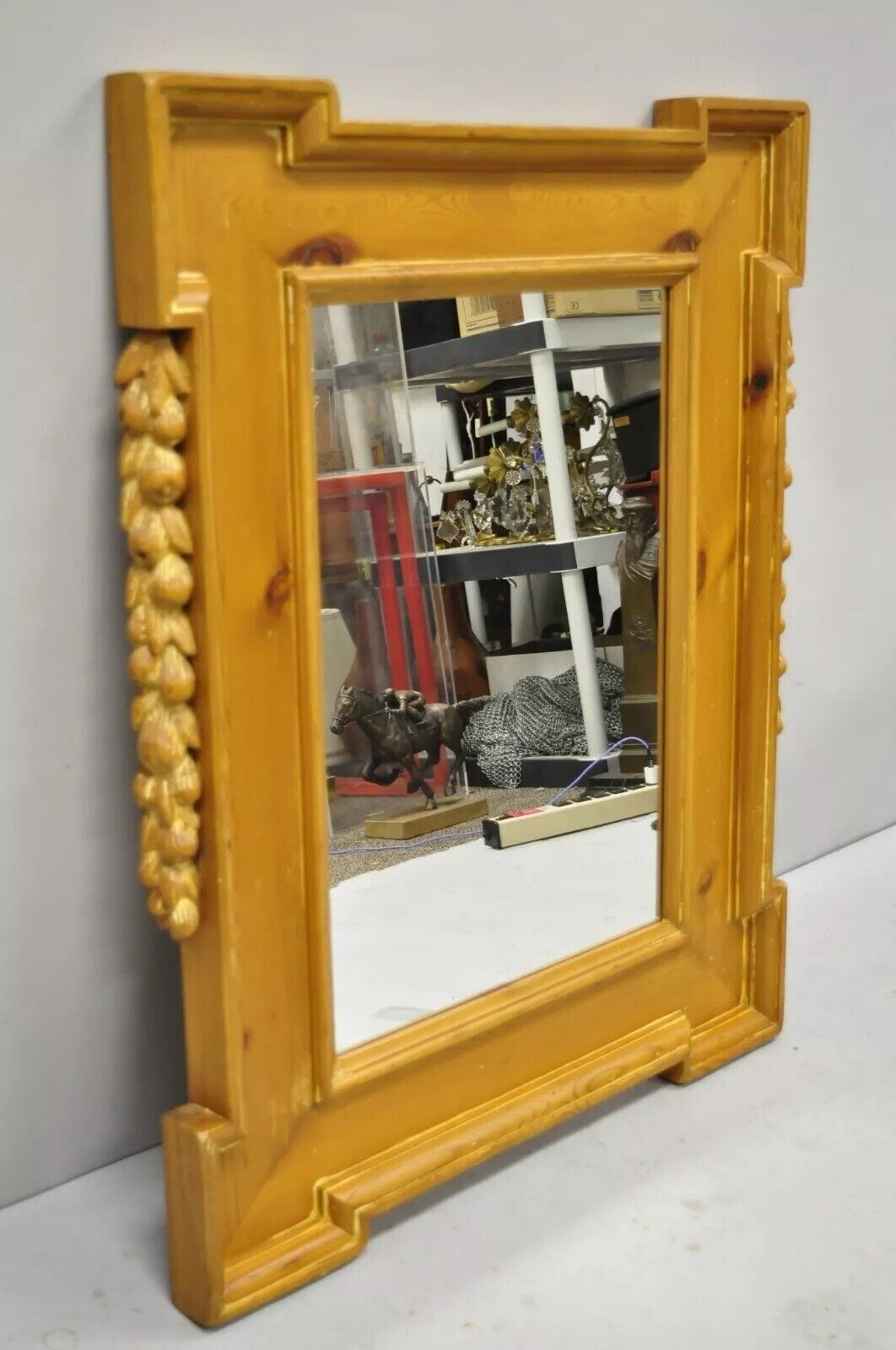 Vintage Italian Baroque Style Carved Knotty Pine Wood Country French Wall Mirror