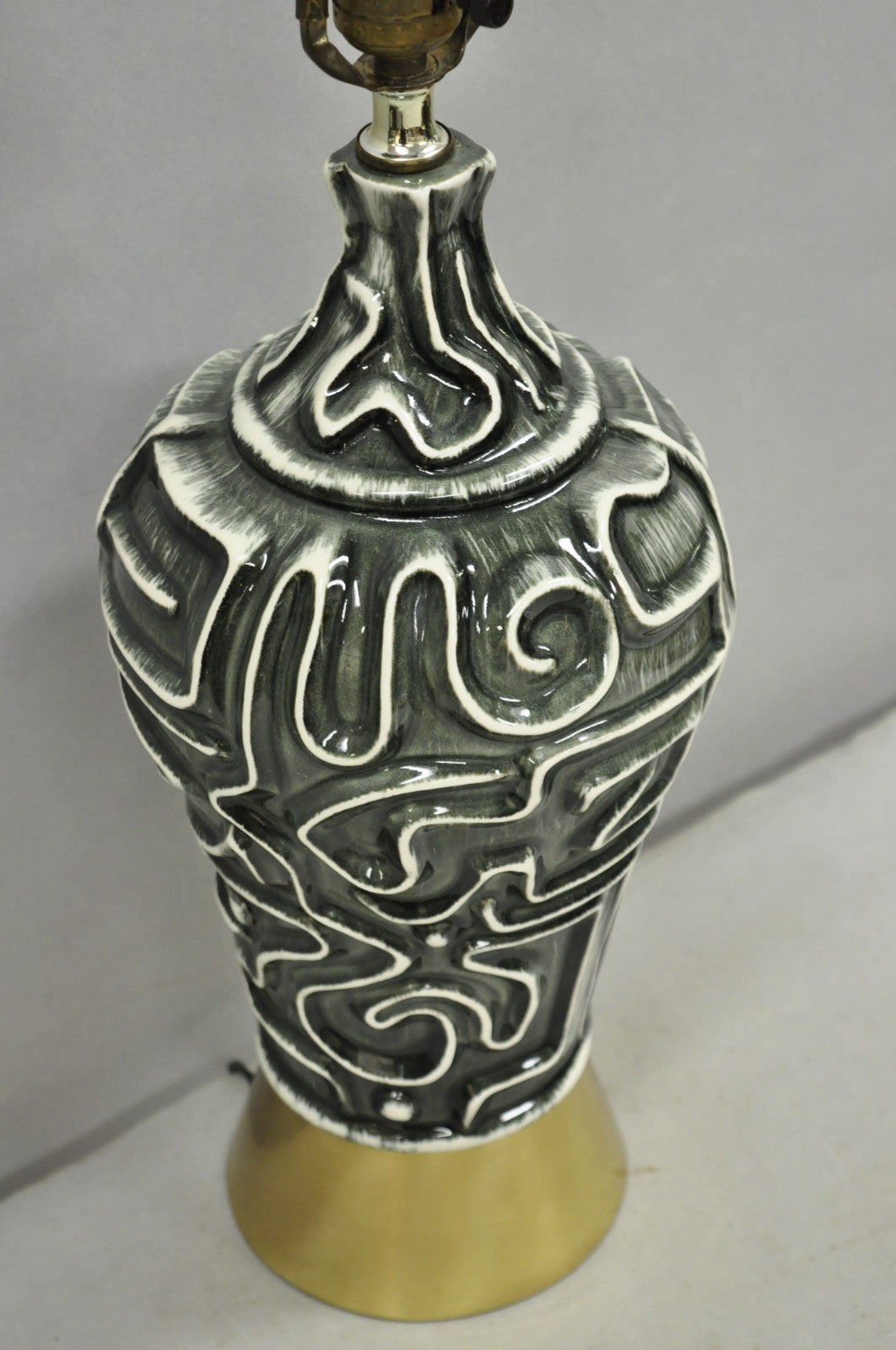 Vintage Mid Century Modern Grey Glazed Ceramic Geometric Aztec Brass Table Lamp