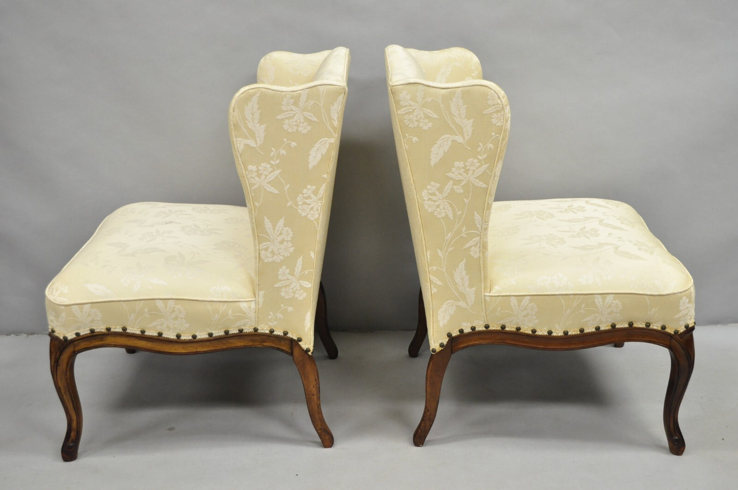 Vintage French Country Provincial Cherry Cabriole Leg Slipper Lounge Chair Pair
