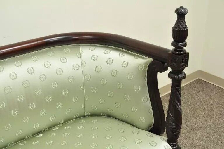 Antique 19th C American Empire Curved Rail Carved Mahogany Pineapple Finial Sofa