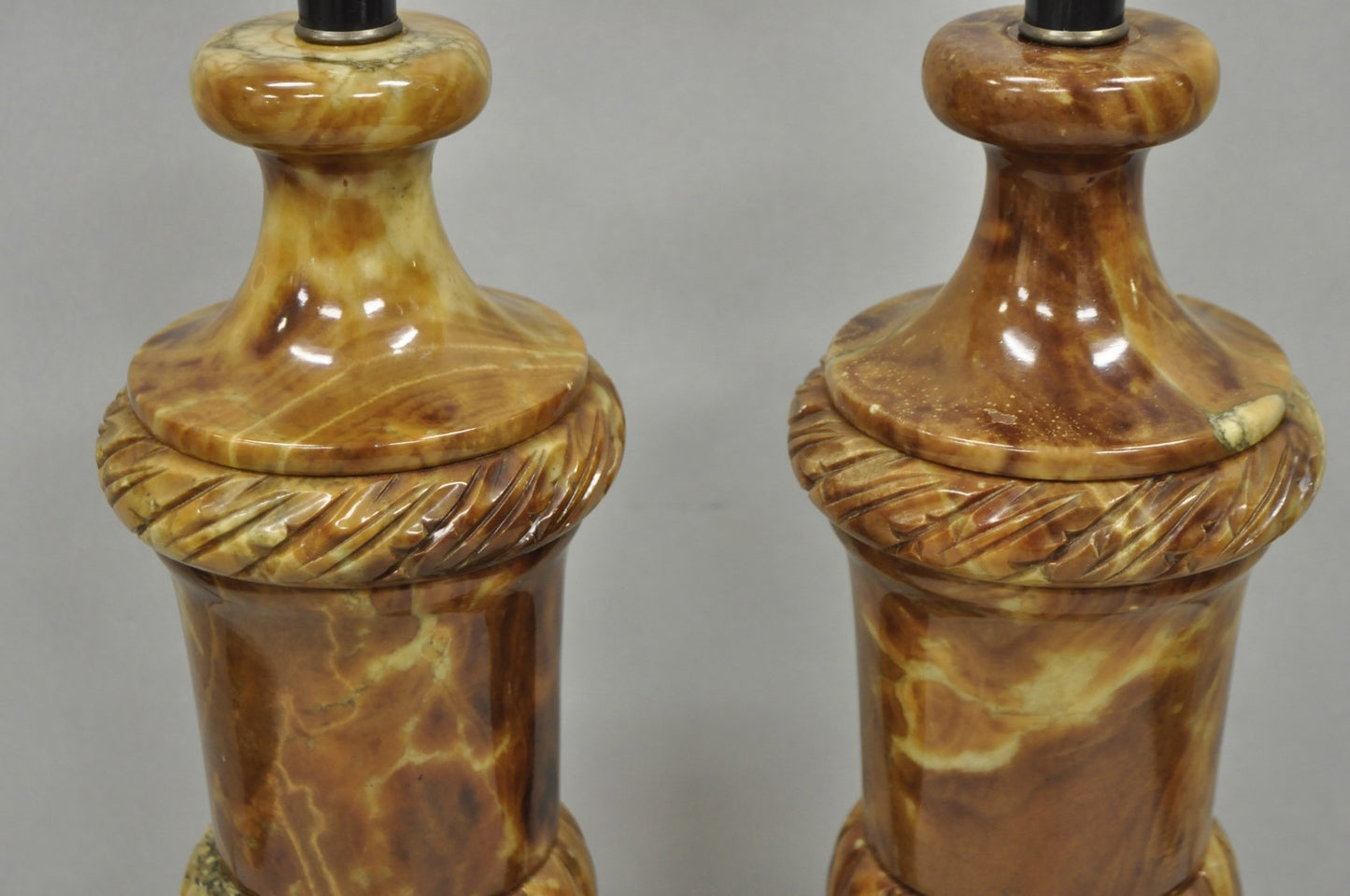 Vintage French Empire Style Polished Brown Marble Urn Form Table Lamps - a Pair