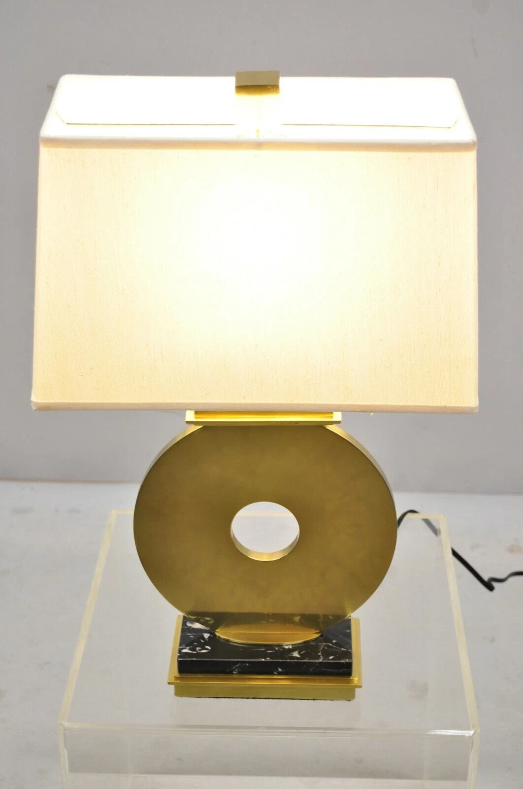 Robert Abbey Tic-Tac-Toe Bronze Brass Ring Marble Base Table Lamp w/ Shade
