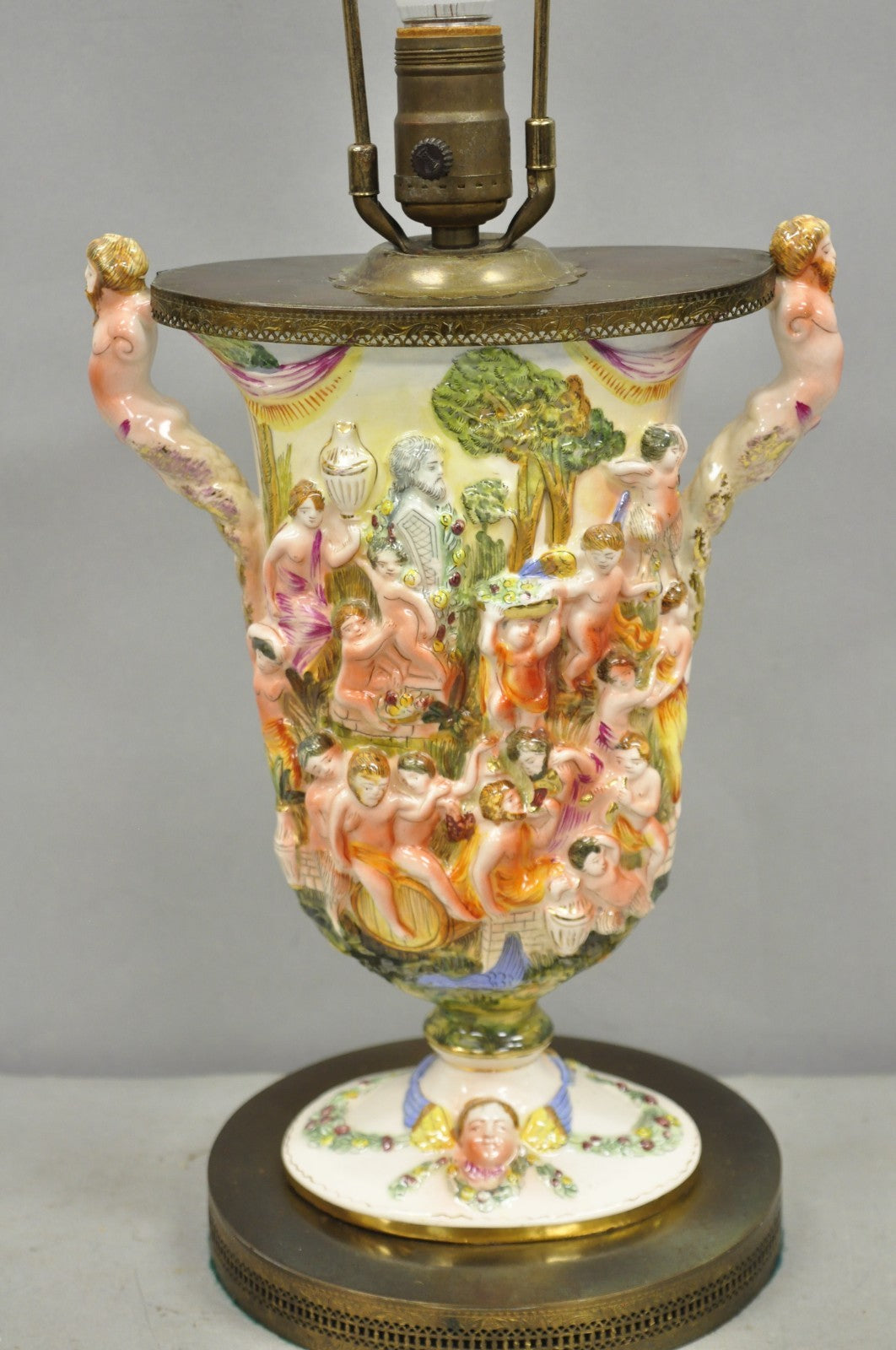 Vintage Italian Capodimonte Porcelain Figural Bacchanal Cherub Mermen Table Lamp