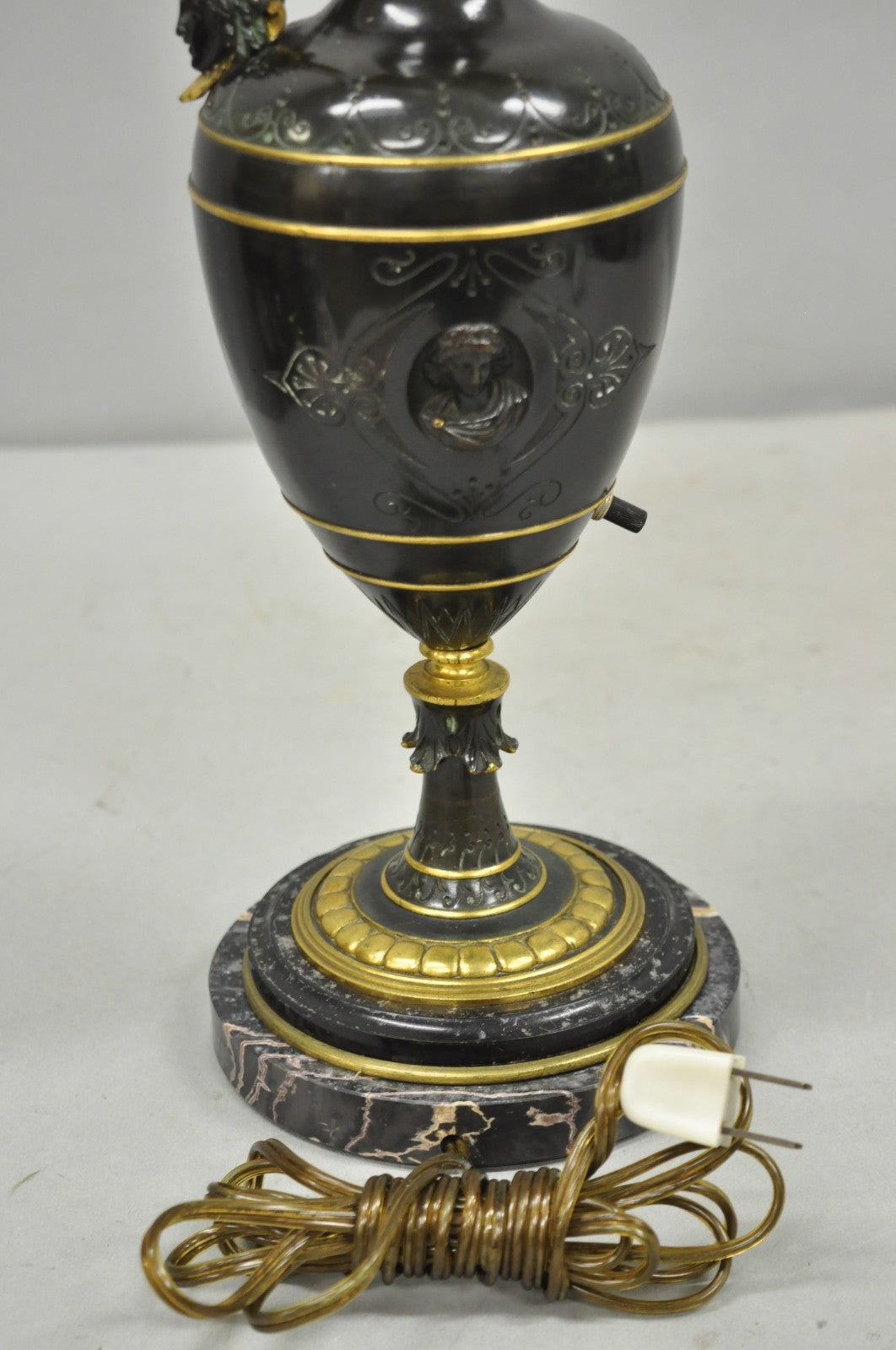 Antique French Neoclassical Patinated & Gilt Bronze Figural Ewer Urn Table Lamp