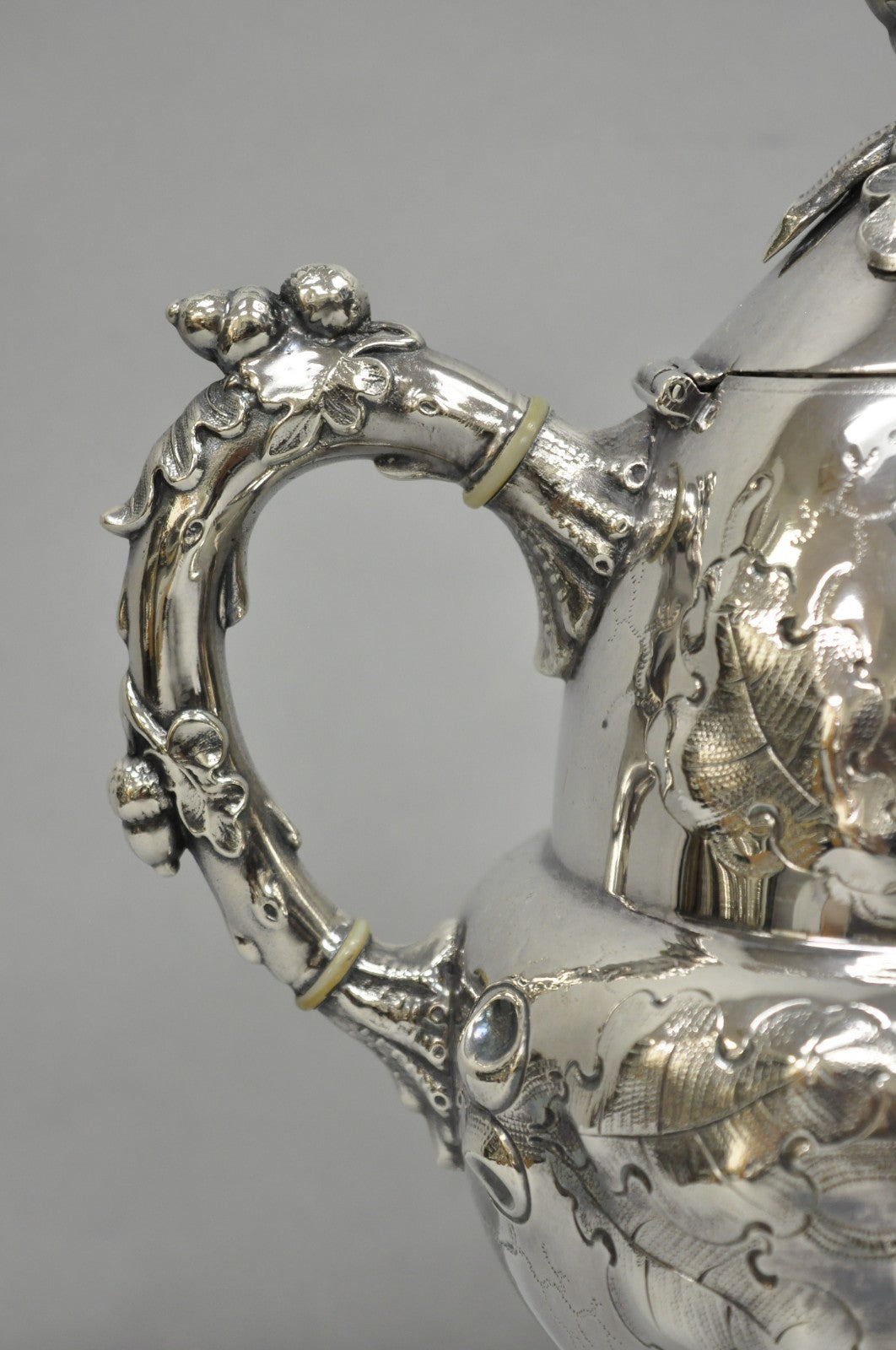 Antique Art Nouveau Silver Plated Nuts & Vines Repousse Tea Pot Tea Kettle