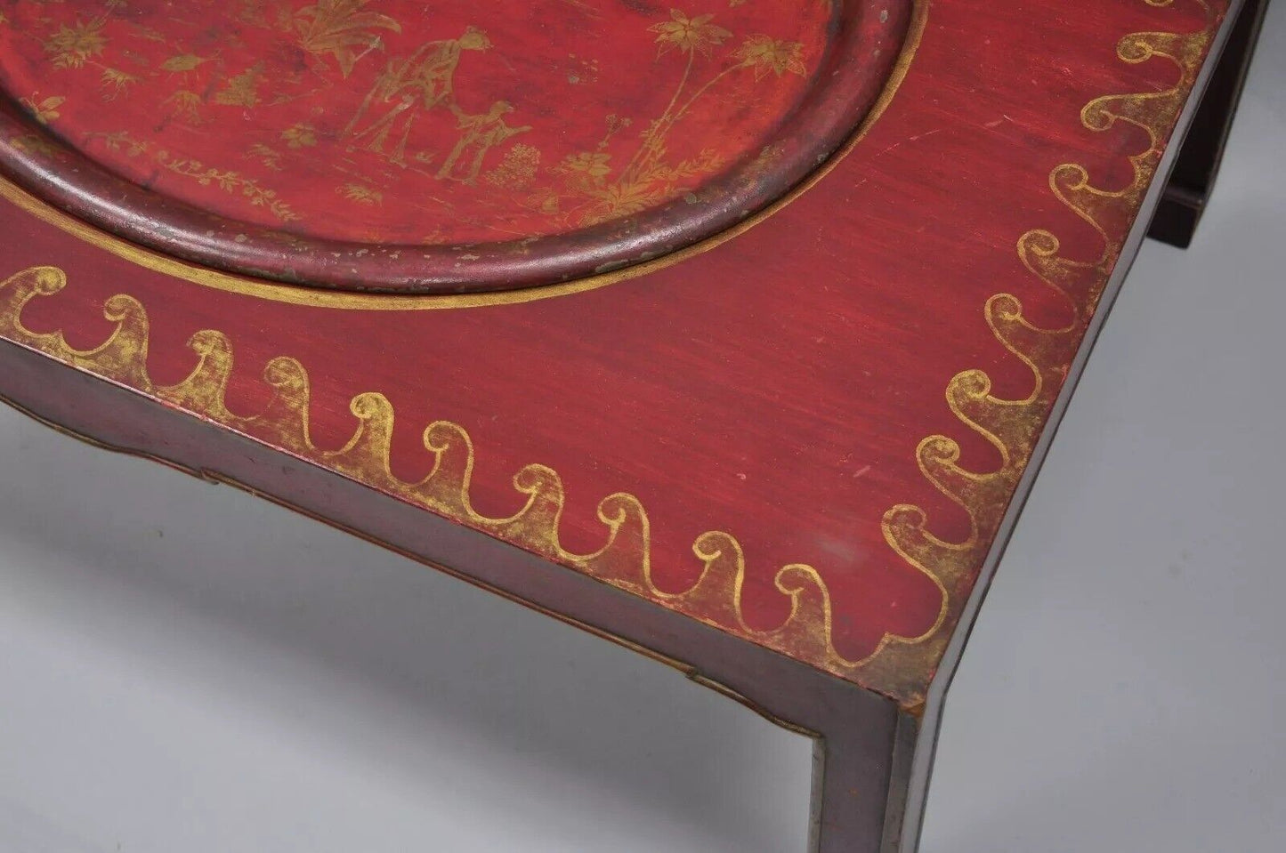 Vintage Chinoiserie Red Oriental Coffee Table with Tole Metal Serving Tray Top
