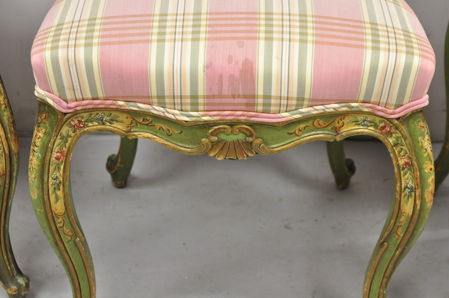 Antique Italian Venetian Green Floral Hand Painted Dining Side Chairs - Set of 4