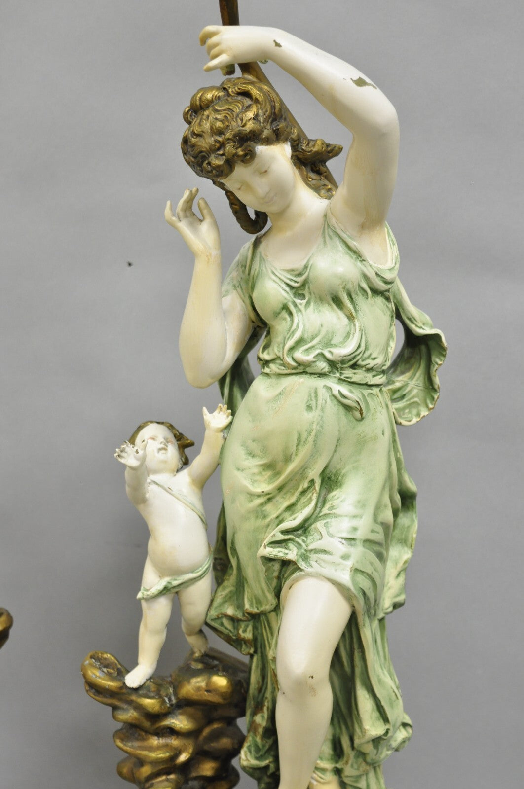 Antique French L&F Moreau Painted Metal Figural Mother & Child Table Lamps Pair
