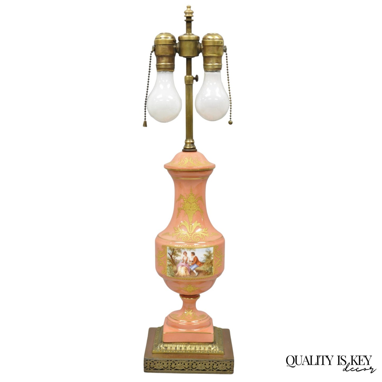 Antique French Victorian Salmon Coral Pink Porcelain Hand Painted Urn Table Lamp