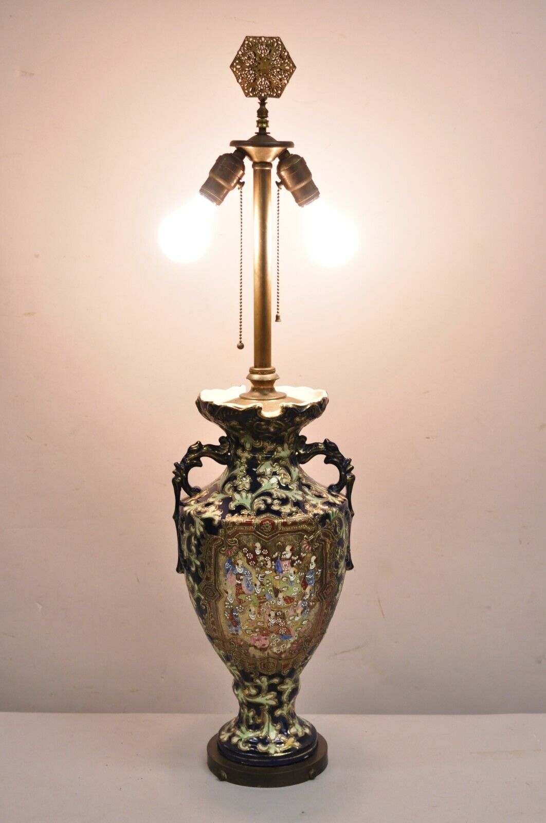 Antique Japanese Chinoiserie Blue Floral Porcelain "Wiseman" Large Table Lamp