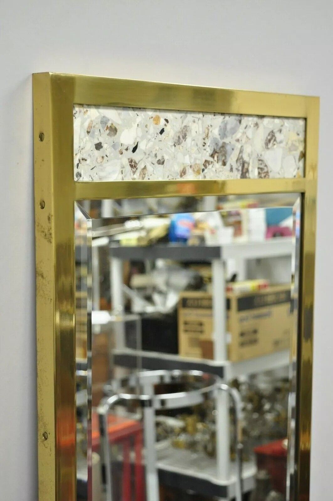 Vintage JL Metz Tomlinson Modern Brass Frame Marble Inlay 65" Tall Narrow Mirror