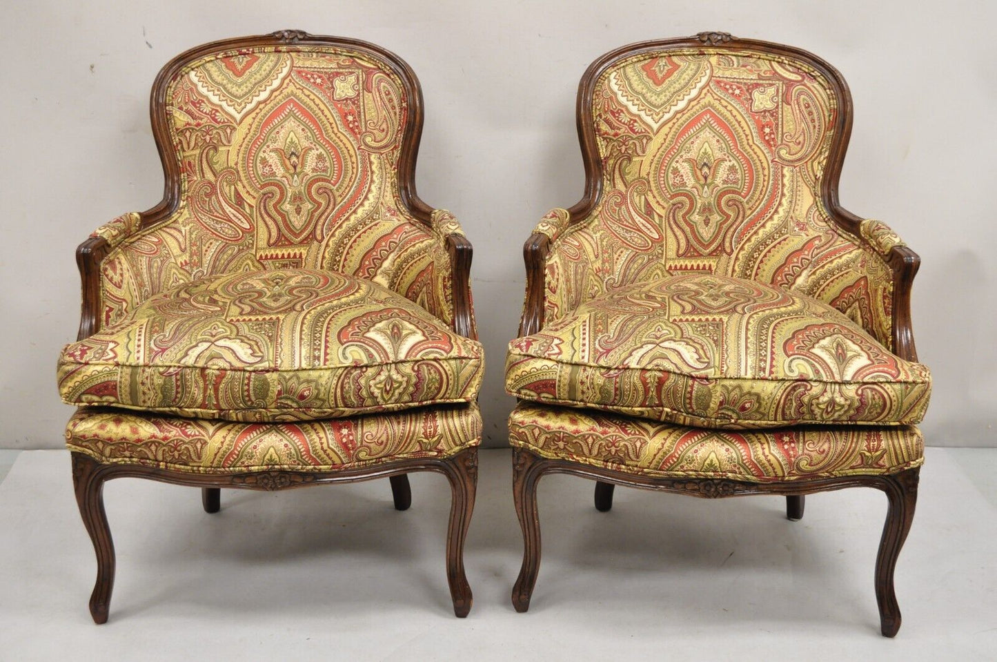 Vintage French Country Carved Walnut Burgundy Bergere Lounge Arm Chairs -a Pair