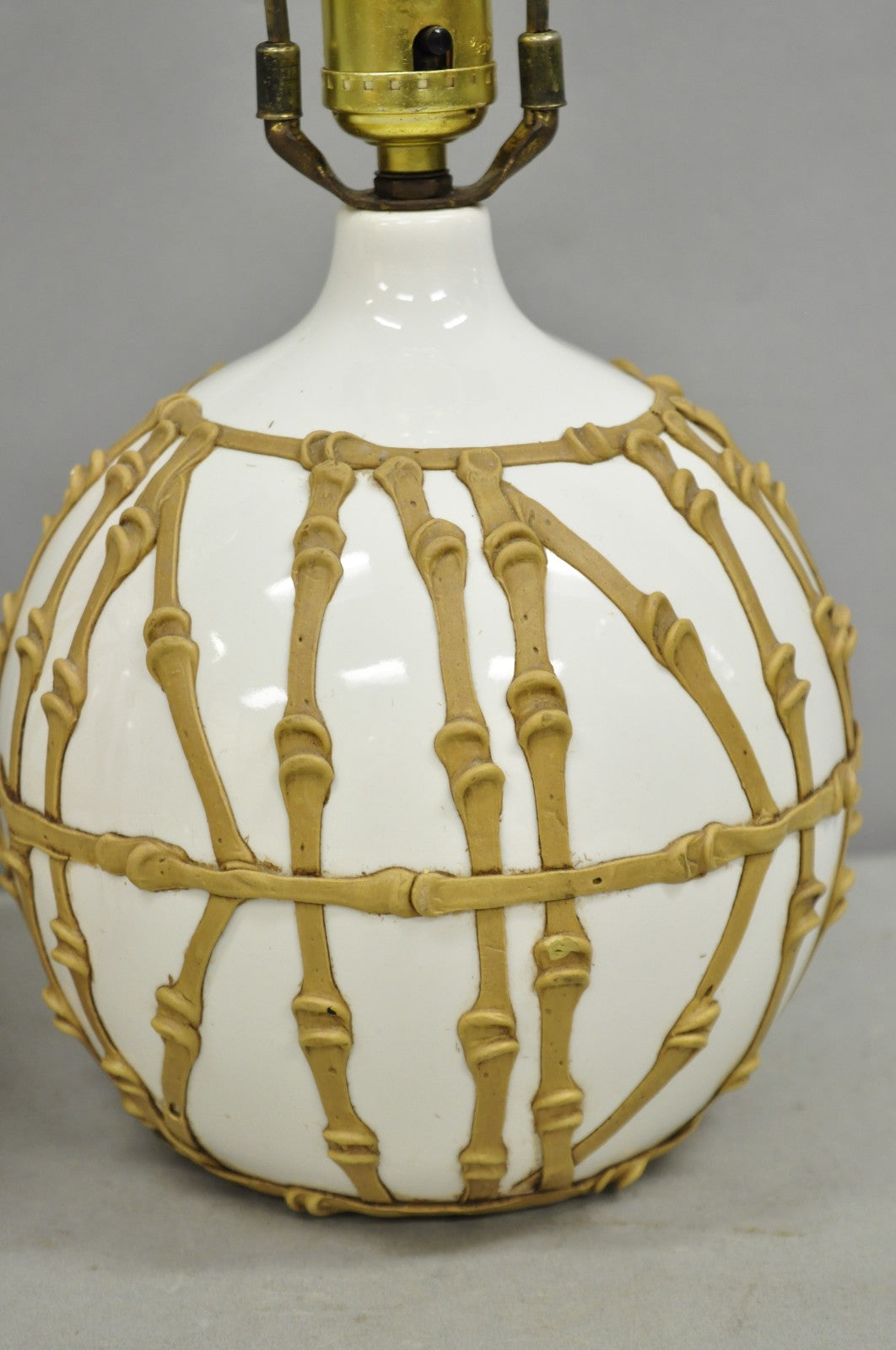 Vintage Hollywood Regency Small Bulbous Ceramic Faux Bamboo Table Lamps - a Pair