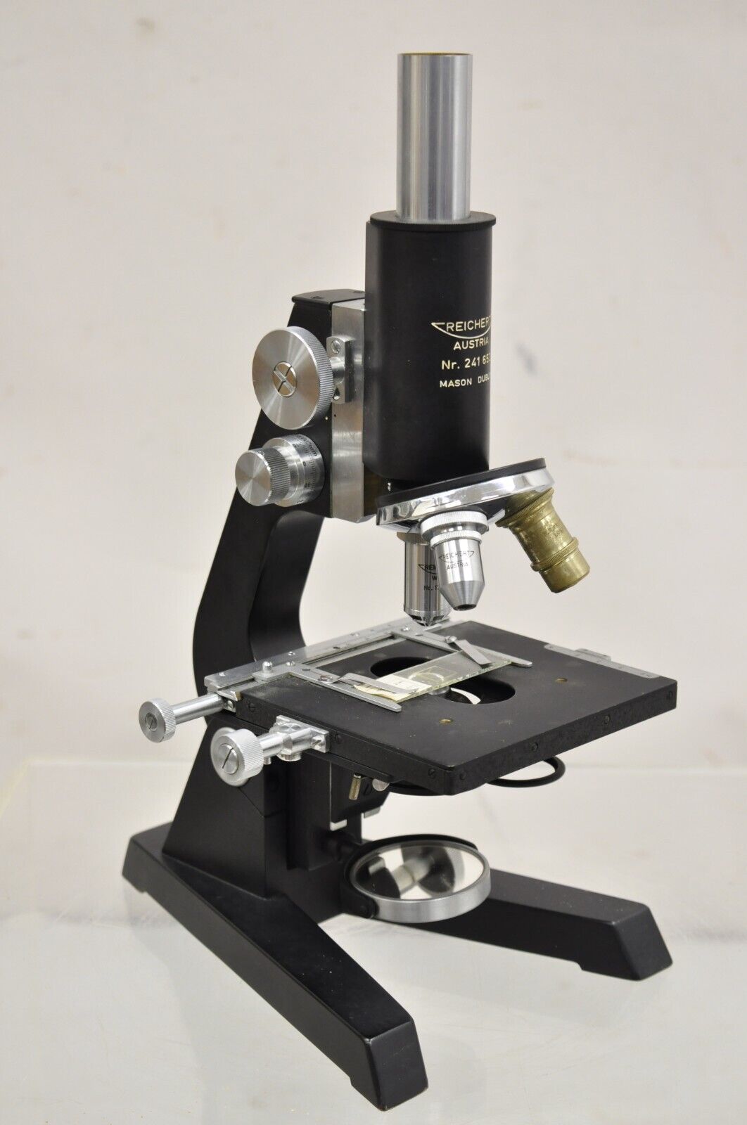 Vintage Reichert Austria Microscope 241 653 in Wooden Box with Accessories