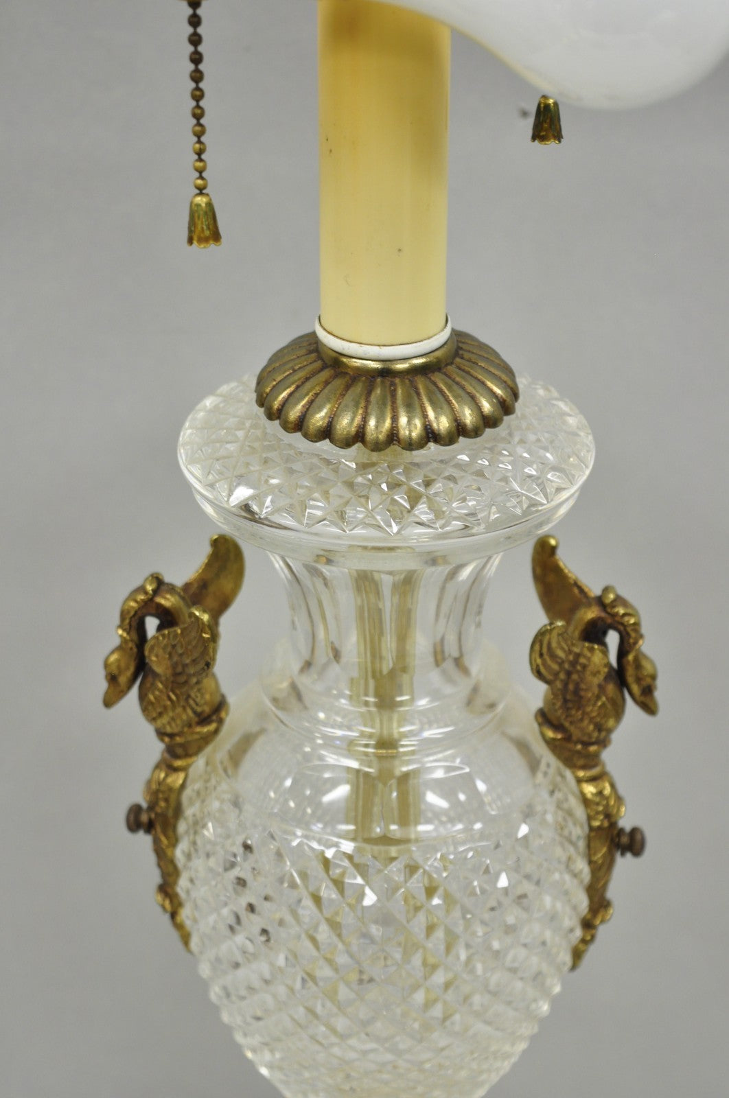 French Empire Regency Baccarat Style Glass Crystal Urn Table Lamp w/ Brass Swans