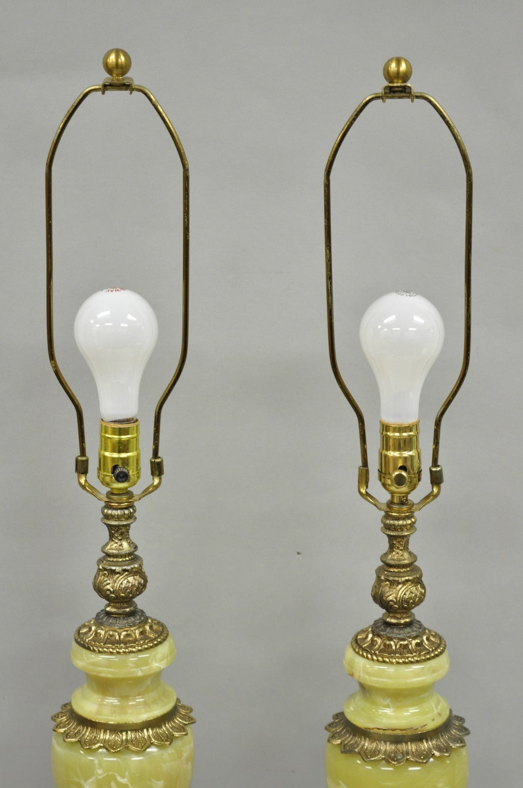 Vintage French Baroque Hollywood Regency Green Onyx Brass Table Lamps - a Pair