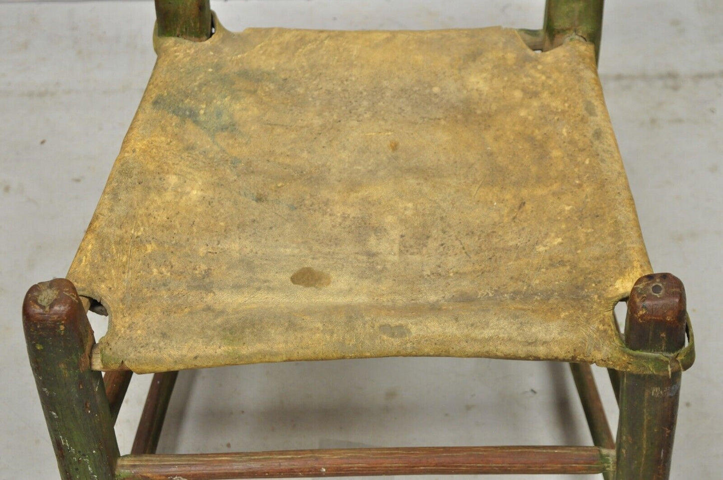 Antique Small Ladder Back Green Primitive Rustic Chair with Deer Hide Seat