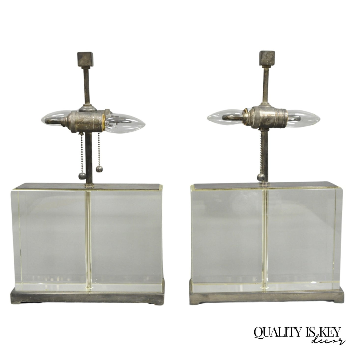 Modern Williams Sonoma Crystal Glass Block Phoenix Wide Table Lamps - a Pair