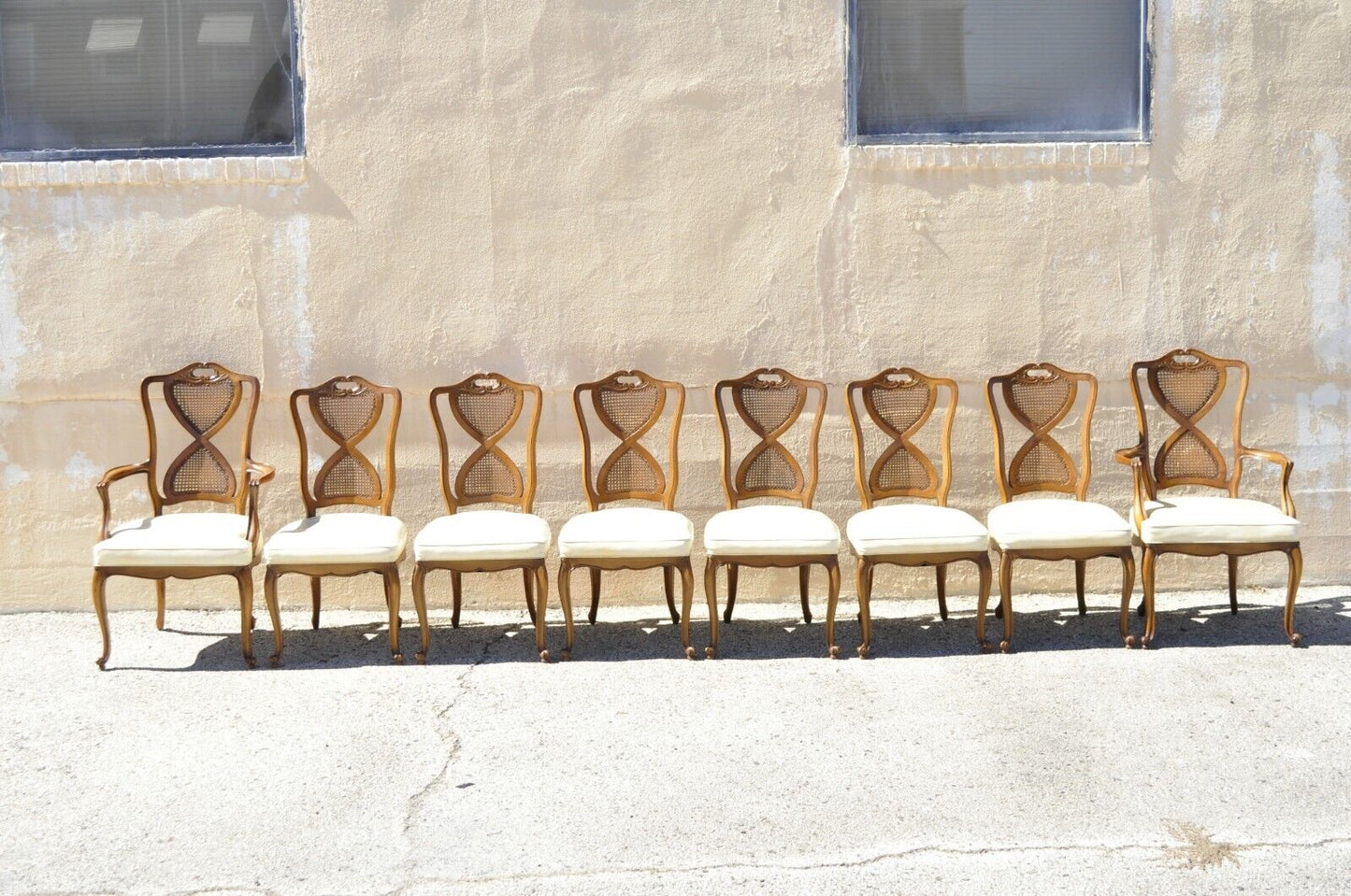 French Provincial Hollywood Regency Cane Back Pretzel Twist Dining Chair - Set 8