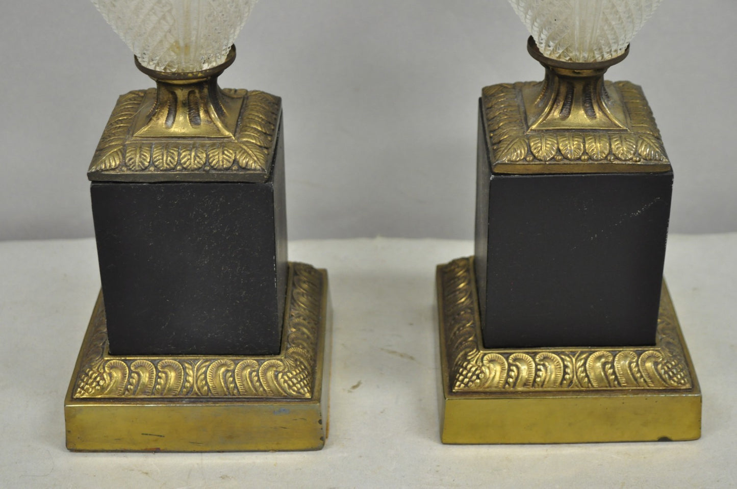 Vintage French Empire Hollywood Regency Cut Glass Crystal Urn Table Lamps - Pair