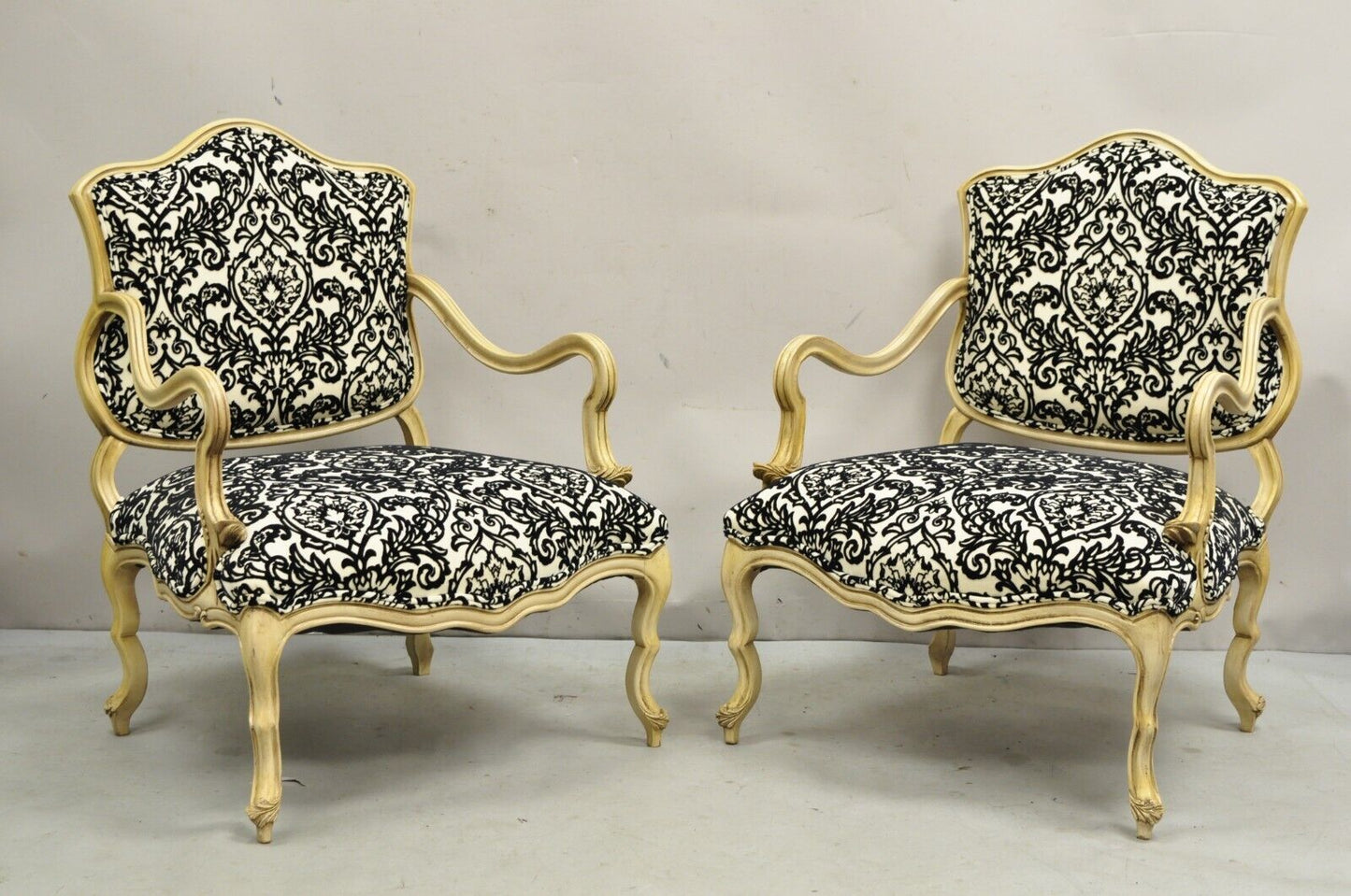 Hollywood Regency Carved Wood Low Cream Painted Damask Boudoir Chairs - a Pair