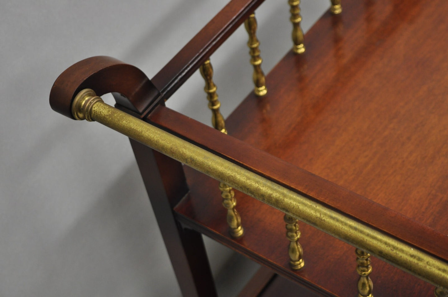 Vintage French Regency Mahogany 2 Tier Brass Gallery Rolling Bar Cart Server