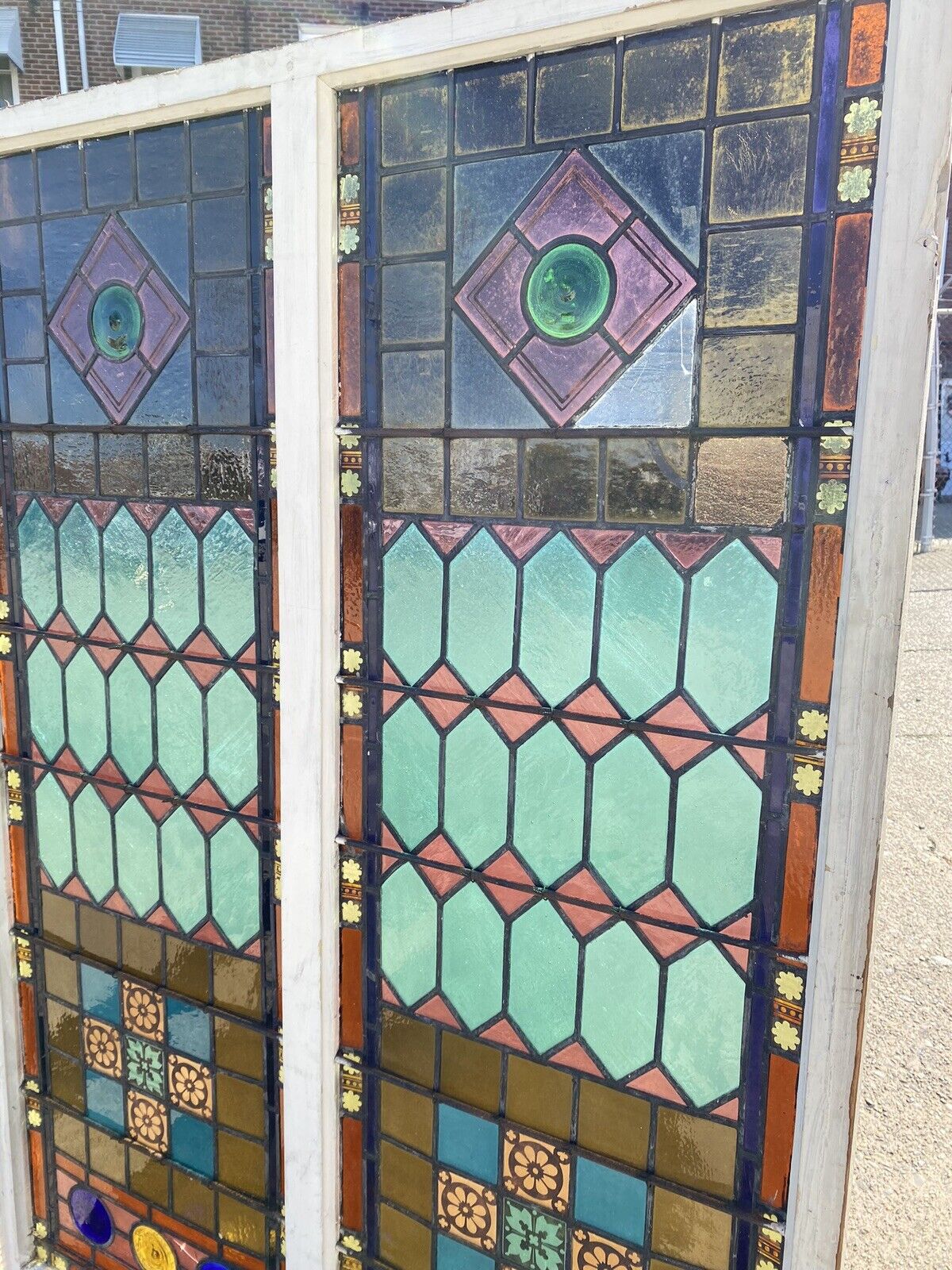 Antique Victorian 70 x 48 Double Stained Glass Window Pink Blue Green Jeweled