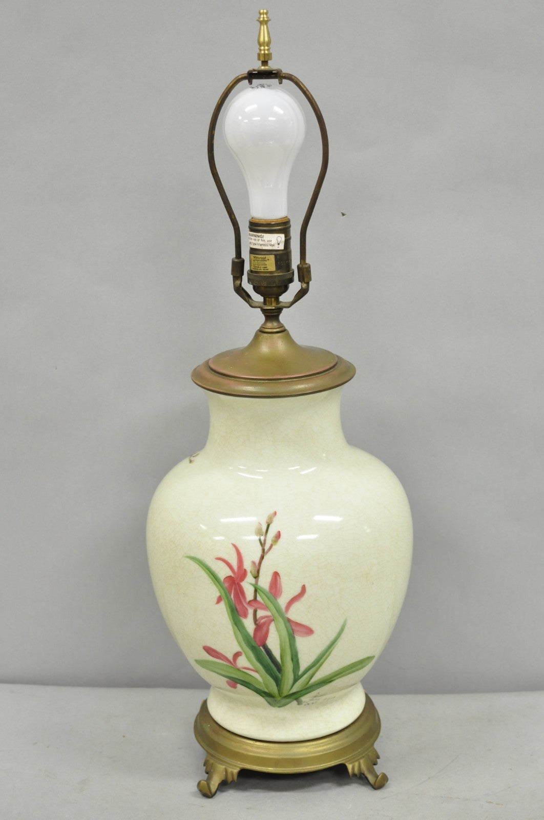 Vintage Art Nouveau Style Pink Flower Painted Porcelain Table Lamp by Wildwood