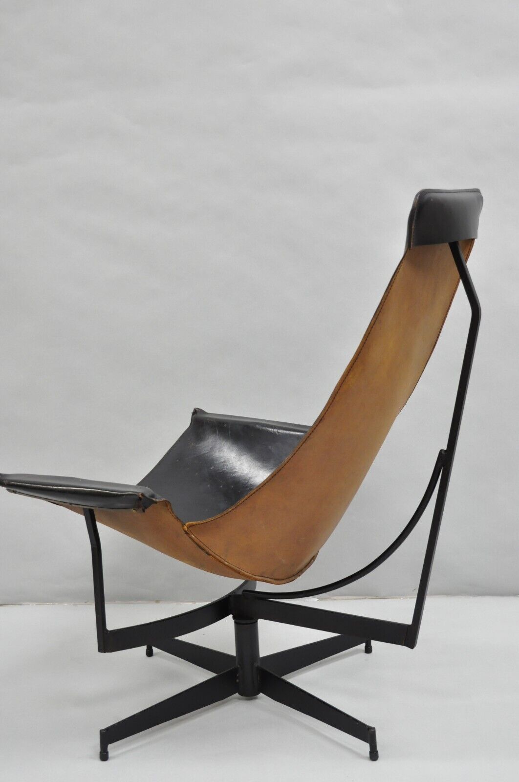 William Katavolos Mid Century Modern Black Leather Sling Steel K Lounge Chair