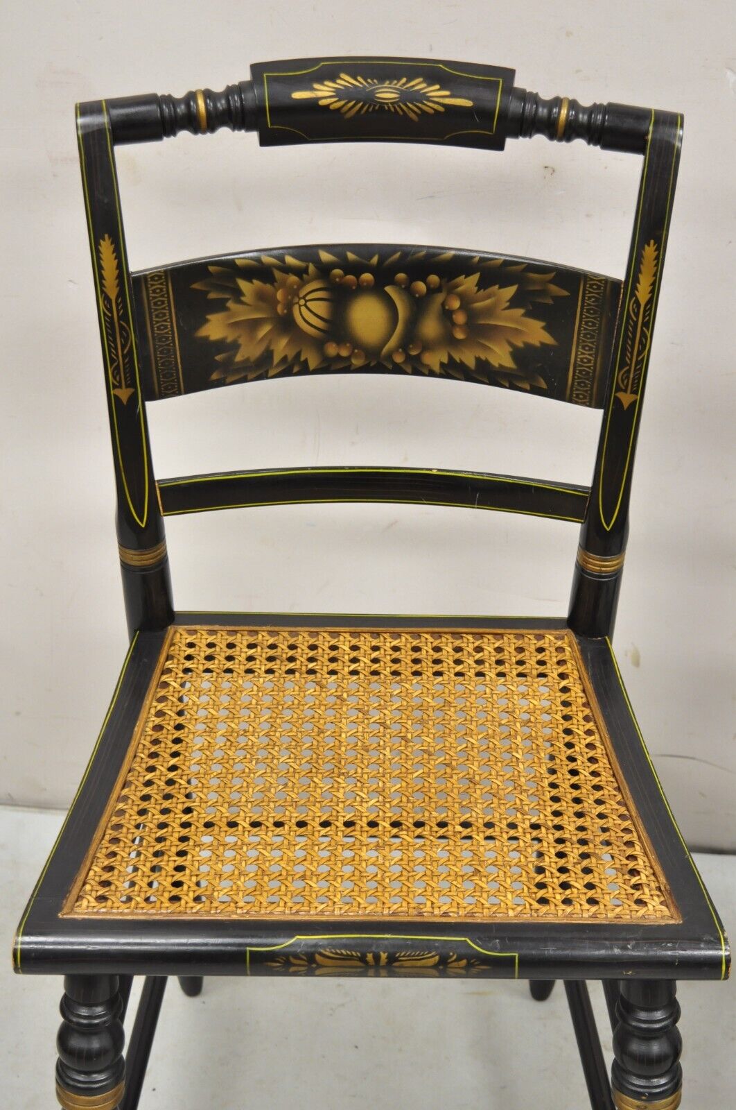 Vintage L. Hitchcock Black Stencil Harvest Decorated Cane Side Chair - a Pair