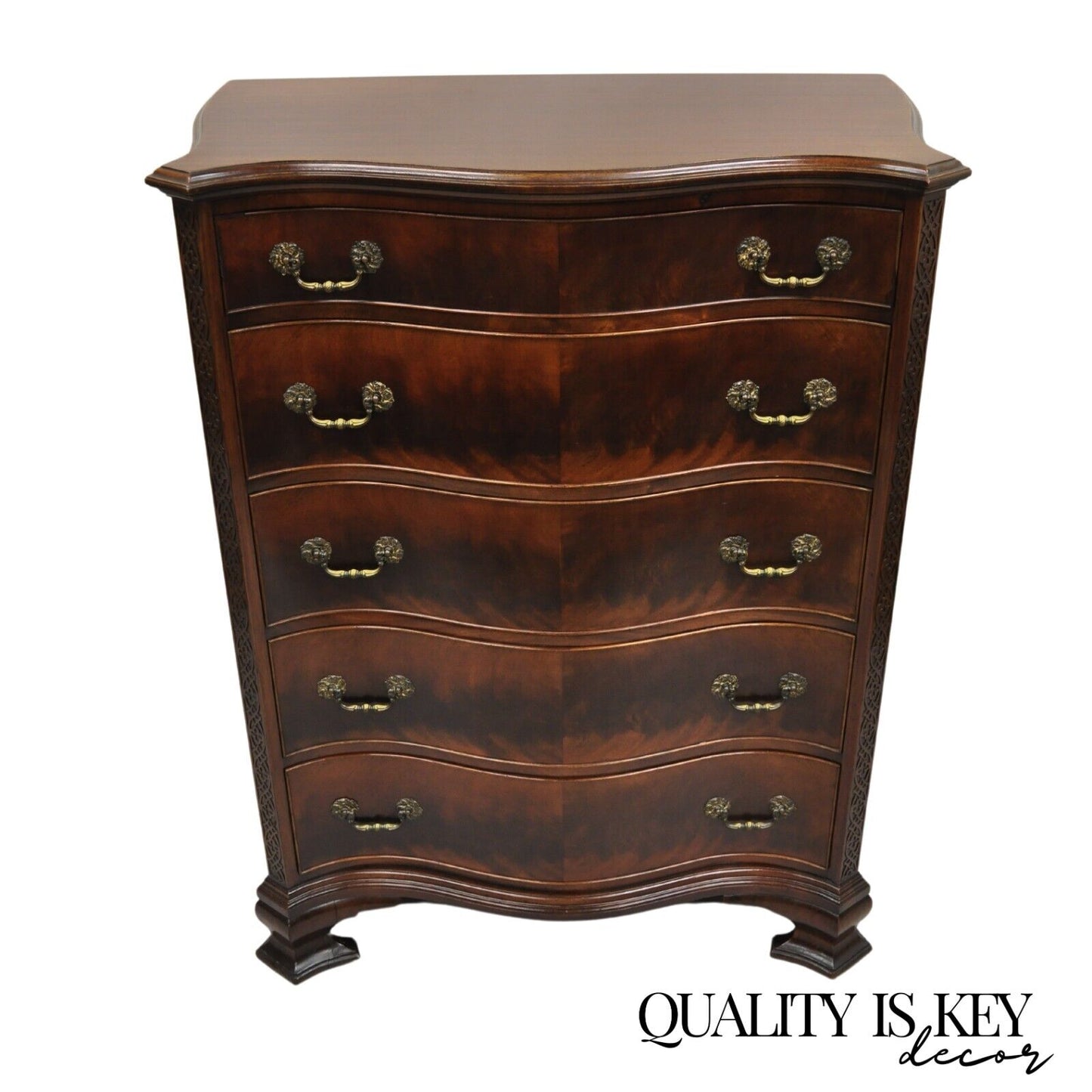 Vintage W&J Sloane Chinese Chippendale Mahogany Serpentine Tall Chest Dresser